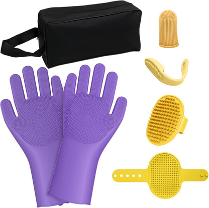 7PCS Pet Grooming Kit for Dogs and Cats | Dog Bath Brush | Washing Gloves | Cleanroom Gloves | Dog Shampoo Brush | Finger Toothbrushes | Storage Bag | All-In-One Pet Care (Purple)